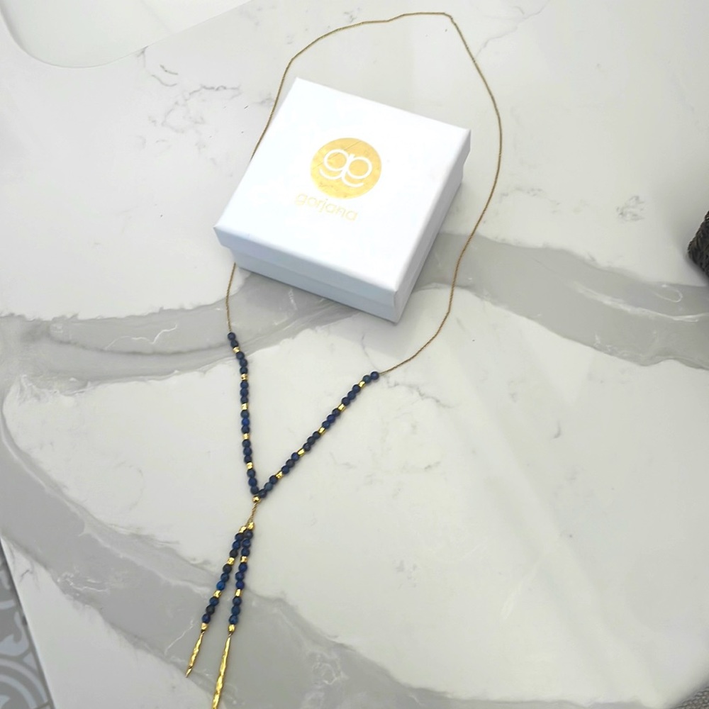 Retired Gorjana Blue Lapis and Gold Lariat Necklace.